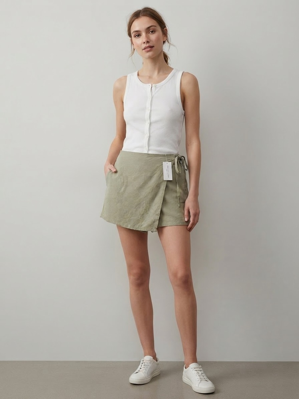 American Eagle  linen Olive Wrap Skort Shorts with Side Tie